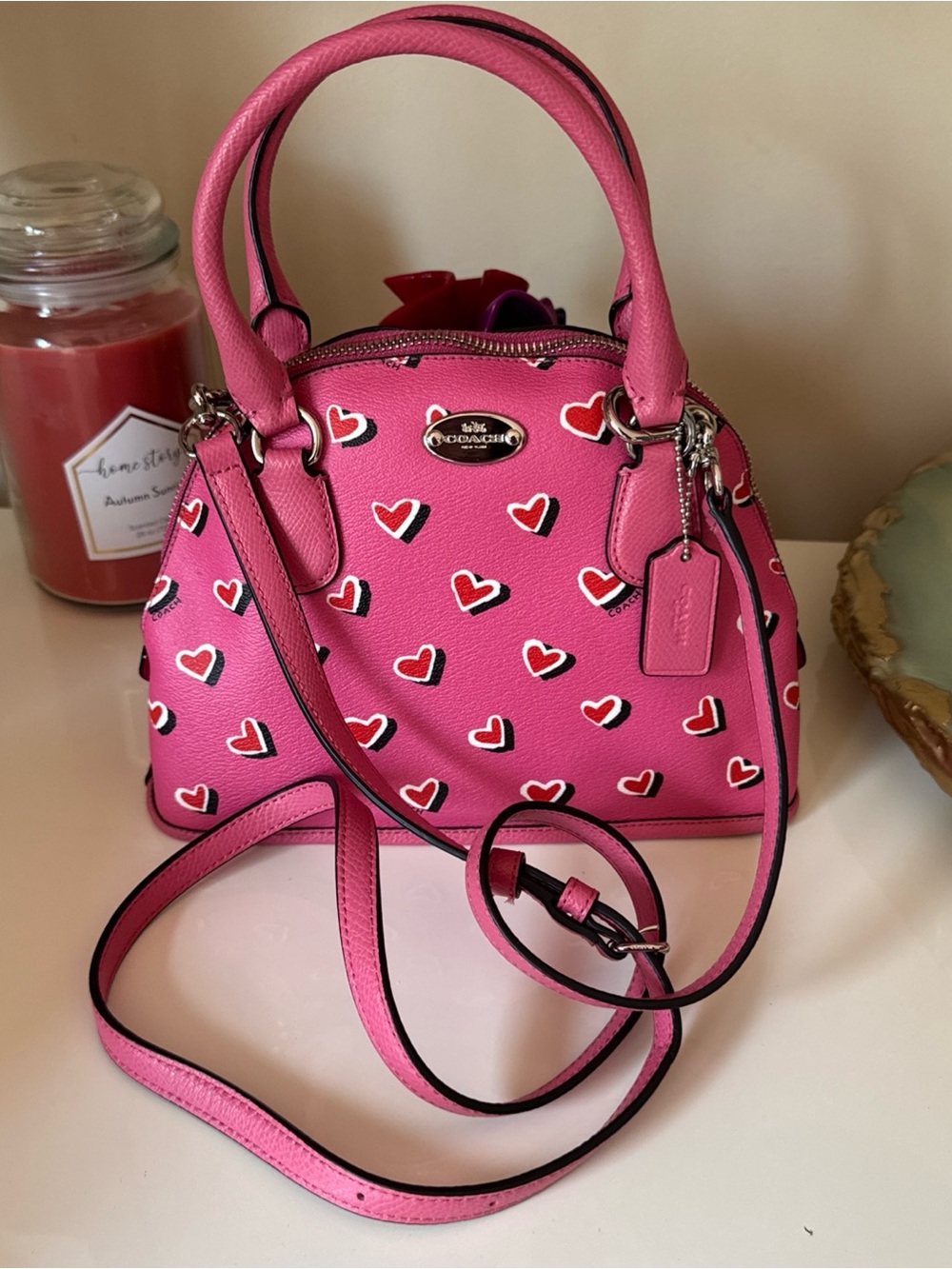 Coach Pink Heart-Print Mini Satchel with Removable Strap